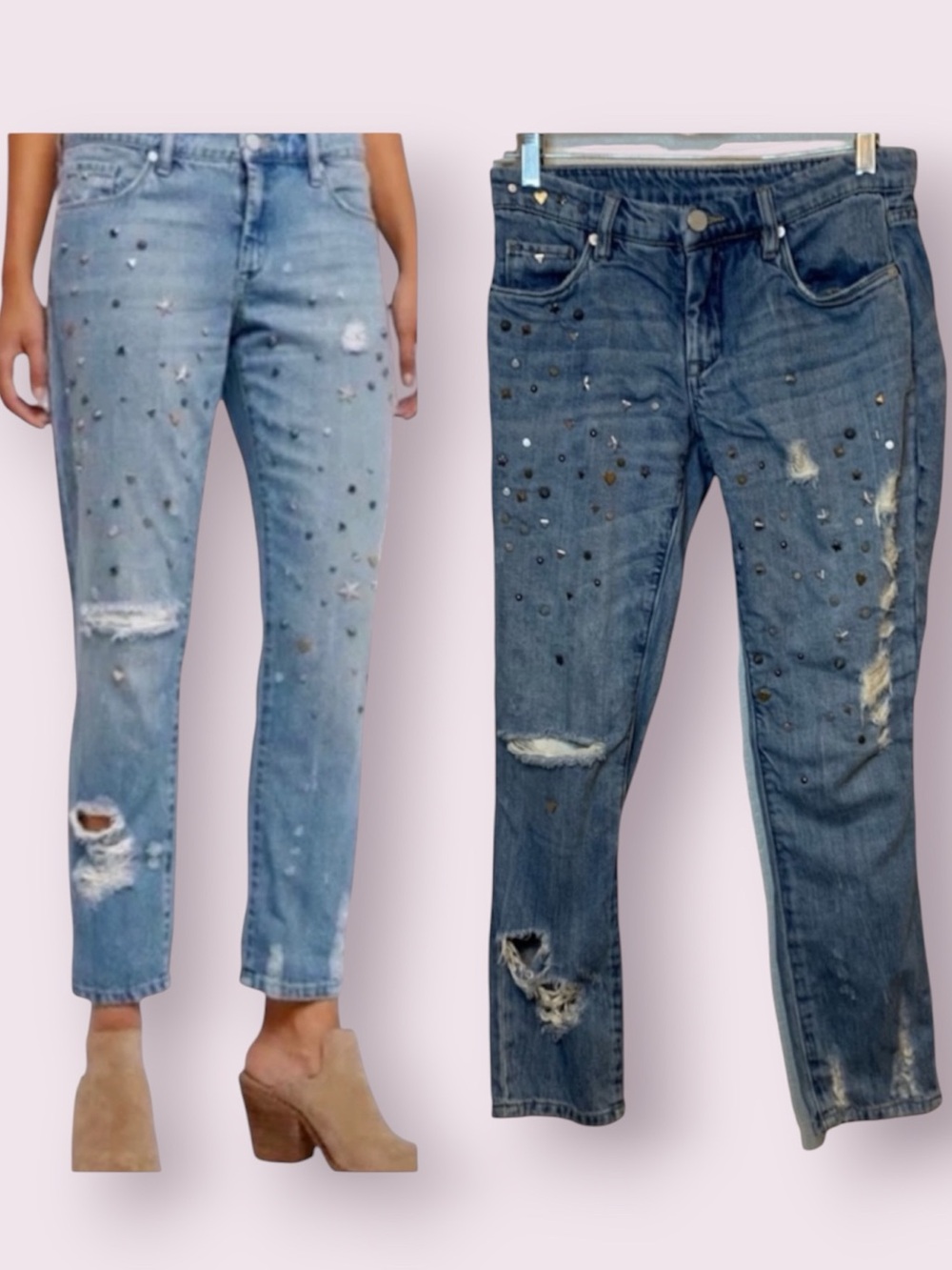 Blank NYC Crop Girlfriend Jeans Studded Distressed Holes Med Wash Blue Size 25
